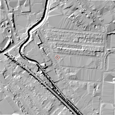Shaded relief map of the ground around B67DH, computed from Environment Agency LiDAR. The ground here sits at about 92 m above sea level and falls 13 m across the surrounding 800 m. Surface water reaching this point runs off ground lying to the east-south-east, 0.6 m higher.