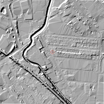 Shaded relief map of the ground around B67DJ, computed from Environment Agency LiDAR. The ground here sits at about 93 m above sea level and falls 11 m across the surrounding 800 m. Surface water reaching this point runs off ground lying to the west-north-west, 2.8 m higher.