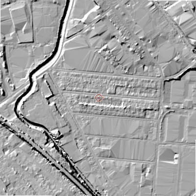 Shaded relief map of the ground around B67DL, computed from Environment Agency LiDAR. The ground here sits at about 93 m above sea level and falls 15 m across the surrounding 800 m. Surface water reaching this point runs off ground lying to the east-south-east, 1.9 m higher.