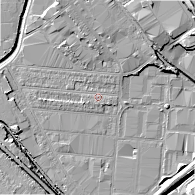 Shaded relief map of the ground around B67DN, computed from Environment Agency LiDAR. The ground here sits at about 93 m above sea level and falls 24 m across the surrounding 800 m. Surface water reaching this point runs off ground lying to the north-north-west, 1.3 m higher.