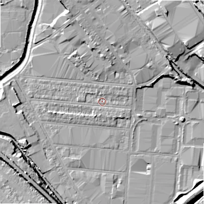Shaded relief map of the ground around B67DP, computed from Environment Agency LiDAR. The ground here sits at about 93 m above sea level and falls 22 m across the surrounding 800 m. Surface water reaching this point runs off ground lying to the north, 1.3 m higher.