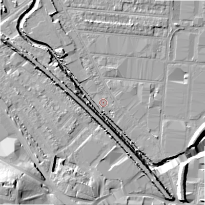Shaded relief map of the ground around B67DQ, computed from Environment Agency LiDAR. The ground here sits at about 92 m above sea level and falls 28 m across the surrounding 800 m. Surface water reaching this point runs off ground lying to the south, 1.3 m higher.