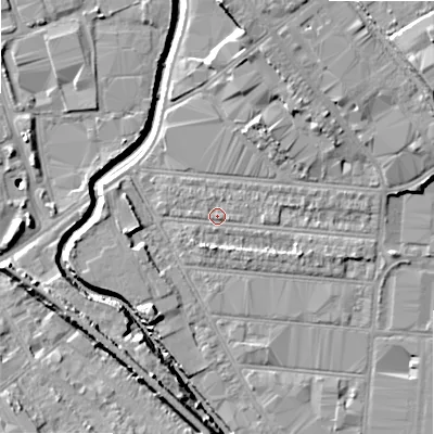 Shaded relief map of the ground around B67DR, computed from Environment Agency LiDAR. The ground here sits at about 93 m above sea level and falls 13 m across the surrounding 800 m. Surface water reaching this point runs off ground lying to the east, 1.1 m higher.