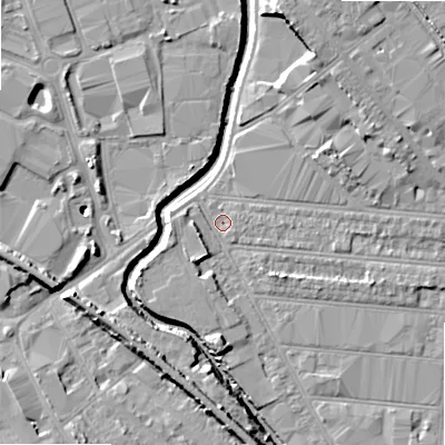 Shaded relief map of the ground around B67DS, computed from Environment Agency LiDAR. The ground here sits at about 92 m above sea level and falls 11 m across the surrounding 800 m. Surface water reaching this point runs off ground lying to the south-south-west, 3.0 m higher.
