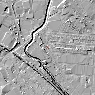 Shaded relief map of the ground around B67DT, computed from Environment Agency LiDAR. The ground here sits at about 92 m above sea level and falls 11 m across the surrounding 800 m. Surface water reaching this point runs off ground lying to the west-north-west, 2.8 m higher.