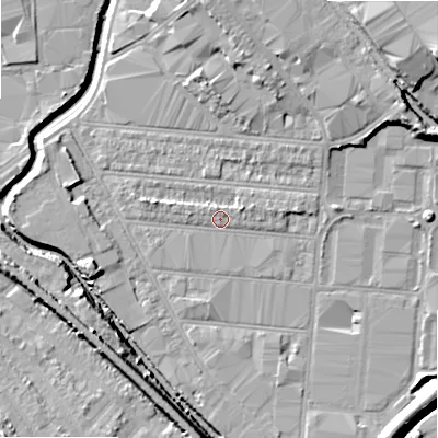 Shaded relief map of the ground around B67DU, computed from Environment Agency LiDAR. The ground here sits at about 93 m above sea level and falls 15 m across the surrounding 800 m. Surface water reaching this point runs off ground lying to the west-north-west, 1.5 m higher.