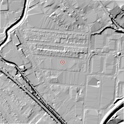 Shaded relief map of the ground around B67DX, computed from Environment Agency LiDAR. The ground here sits at about 92 m above sea level and falls 15 m across the surrounding 800 m. Surface water reaching this point runs off ground lying to the west-north-west, 1.5 m higher.
