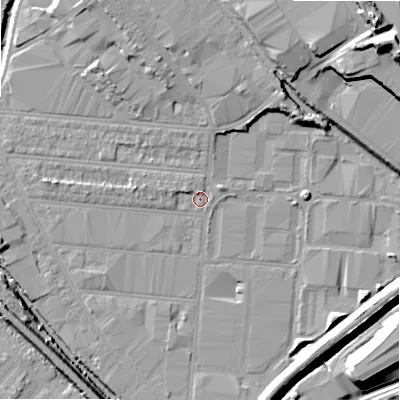 Shaded relief map of the ground around B67DY, computed from Environment Agency LiDAR. The ground here sits at about 92 m above sea level and falls 25 m across the surrounding 800 m. Surface water reaching this point runs off ground lying to the north, 1.7 m higher.