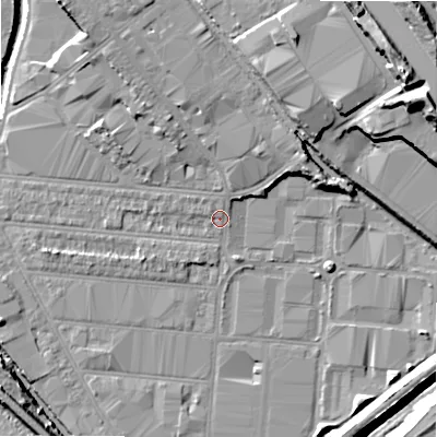 Shaded relief map of the ground around B67EA, computed from Environment Agency LiDAR. The ground here sits at about 93 m above sea level and falls 31 m across the surrounding 800 m. Surface water reaching this point runs off ground lying to the north-north-west, 1.0 m higher.