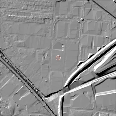 Shaded relief map of the ground around B67EB, computed from Environment Agency LiDAR. The ground here sits at about 92 m above sea level and falls 13 m across the surrounding 800 m. Surface water reaching this point runs off ground lying to the east-north-east, 9.5 m higher.