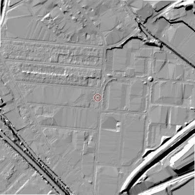 Shaded relief map of the ground around B67ED, computed from Environment Agency LiDAR. The ground here sits at about 92 m above sea level and falls 25 m across the surrounding 800 m. Surface water reaching this point runs off ground lying to the west, 4.4 m higher.