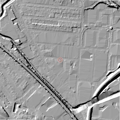 Shaded relief map of the ground around B67EE, computed from Environment Agency LiDAR. The ground here sits at about 92 m above sea level and falls 18 m across the surrounding 800 m. Surface water reaching this point runs off ground lying to the west-north-west, 4.3 m higher.