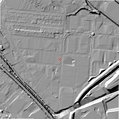 Shaded relief map of the ground around B67EF, computed from Environment Agency LiDAR. The ground here sits at about 92 m above sea level and falls 15 m across the surrounding 800 m. Surface water reaching this point runs off ground lying to the east-south-east, 9.3 m higher.