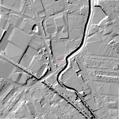 Shaded relief map of the ground around B67EP, computed from Environment Agency LiDAR. The ground here sits at about 93 m above sea level and falls 10 m across the surrounding 800 m. Surface water reaching this point runs off ground lying to the south-south-west, 10.0 m higher.