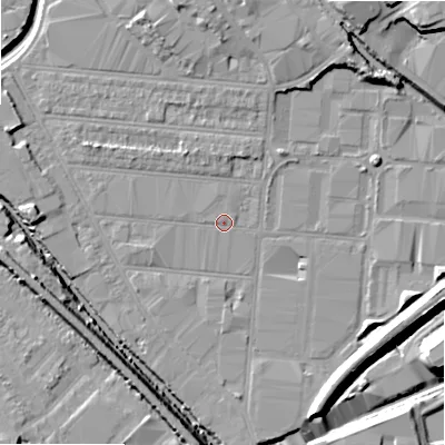 Shaded relief map of the ground around B67EQ, computed from Environment Agency LiDAR. The ground here sits at about 92 m above sea level and falls 15 m across the surrounding 800 m. Surface water reaching this point runs off ground lying to the west, 0.6 m higher.