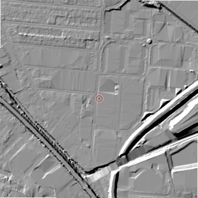 Shaded relief map of the ground around B67ET, computed from Environment Agency LiDAR. The ground here sits at about 92 m above sea level and falls 13 m across the surrounding 800 m. Surface water reaching this point runs off ground lying to the east, 9.3 m higher.