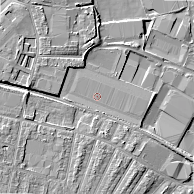 Shaded relief map of the ground around B67EU, computed from Environment Agency LiDAR. The ground here sits at about 96 m above sea level and falls 9 m across the surrounding 800 m. The ground contributing surface water to this point lies to the north-north-east.