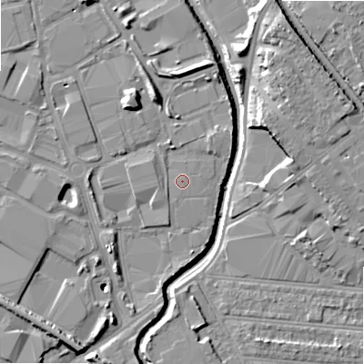 Shaded relief map of the ground around B67EX, computed from Environment Agency LiDAR. The ground here sits at about 94 m above sea level and falls 15 m across the surrounding 800 m. The ground contributing surface water to this point lies to the north-east.