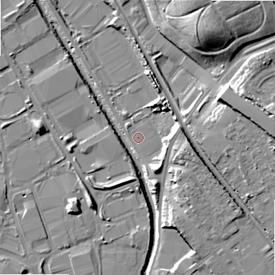 Shaded relief map of the ground around B67EY, computed from Environment Agency LiDAR. The ground here sits at about 94 m above sea level and falls 26 m across the surrounding 800 m. Surface water reaching this point runs off ground lying to the north-west, 1.1 m higher.
