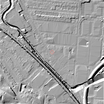 Shaded relief map of the ground around B67EZ, computed from Environment Agency LiDAR. The ground here sits at about 93 m above sea level and falls 27 m across the surrounding 800 m. Surface water reaching this point runs off ground lying to the south-east, 1.5 m higher.