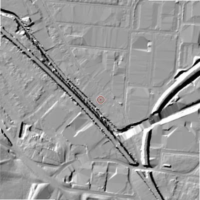 Shaded relief map of the ground around B67HL, computed from Environment Agency LiDAR. The ground here sits at about 93 m above sea level and falls 22 m across the surrounding 800 m. Surface water reaching this point runs off ground lying to the south-east, 0.6 m higher.