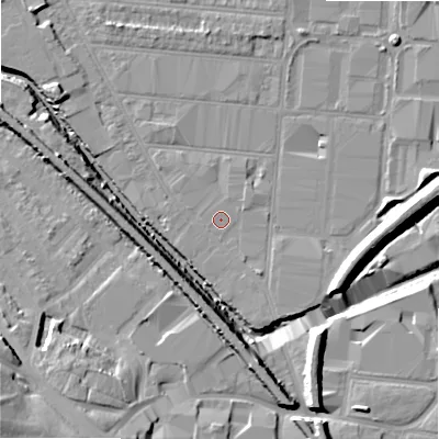 Shaded relief map of the ground around B67HS, computed from Environment Agency LiDAR. The ground here sits at about 93 m above sea level and falls 20 m across the surrounding 800 m. The ground contributing surface water to this point lies to the north-north-east.