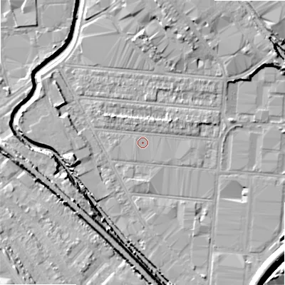 Shaded relief map of the ground around B67JF, computed from Environment Agency LiDAR. The ground here sits at about 92 m above sea level and falls 13 m across the surrounding 800 m. Surface water reaching this point runs off ground lying to the north-west, 1.5 m higher.