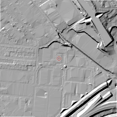 Shaded relief map of the ground around B67JJ, computed from Environment Agency LiDAR. The ground here sits at about 92 m above sea level and falls 35 m across the surrounding 800 m. Surface water reaching this point runs off ground lying to the north, 12.1 m higher.