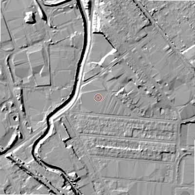 Shaded relief map of the ground around B67JR, computed from Environment Agency LiDAR. The ground here sits at about 93 m above sea level and falls 16 m across the surrounding 800 m. Surface water reaching this point runs off ground lying to the east, 0.6 m higher.