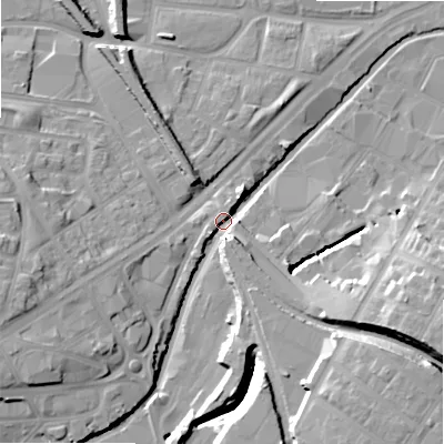 Shaded relief map of the ground around B67QX, computed from Environment Agency LiDAR. The ground here sits at about 96 m above sea level and falls 19 m across the surrounding 800 m. Surface water reaching this point runs off ground lying to the west-south-west, 14.8 m higher.