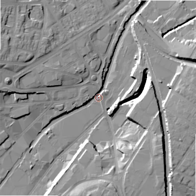 Shaded relief map of the ground around B67QY, computed from Environment Agency LiDAR. The ground here sits at about 96 m above sea level and falls 22 m across the surrounding 800 m. Surface water reaching this point runs off ground lying to the west, 19.9 m higher.