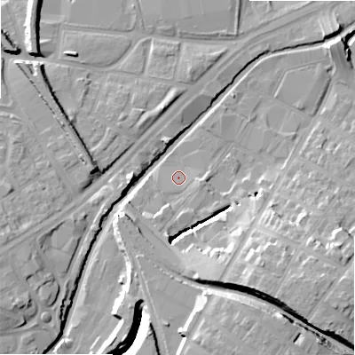 Shaded relief map of the ground around B67RT, computed from Environment Agency LiDAR. The ground here sits at about 93 m above sea level and falls 22 m across the surrounding 800 m. Surface water reaching this point runs off ground lying to the south-south-east, 1.2 m higher.