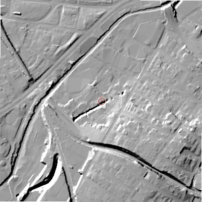 Shaded relief map of the ground around B67RU, computed from Environment Agency LiDAR. The ground here sits at about 95 m above sea level and falls 22 m across the surrounding 800 m. Surface water reaching this point runs off ground lying to the south, 15.2 m higher.