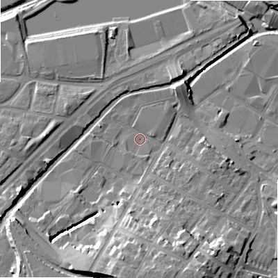 Shaded relief map of the ground around B67SE, computed from Environment Agency LiDAR. The ground here sits at about 92 m above sea level and falls 21 m across the surrounding 800 m. Surface water reaching this point runs off ground lying to the south, 18.1 m higher.