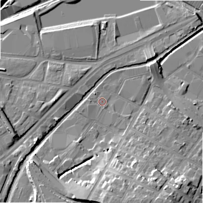 Shaded relief map of the ground around B67SH, computed from Environment Agency LiDAR. The ground here sits at about 92 m above sea level and falls 21 m across the surrounding 800 m. Surface water reaching this point runs off ground lying to the west-south-west, 1.2 m higher.
