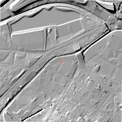 Shaded relief map of the ground around B67SJ, computed from Environment Agency LiDAR. The ground here sits at about 92 m above sea level and falls 17 m across the surrounding 800 m. Surface water reaching this point runs off ground lying to the south-west, 9.8 m higher.