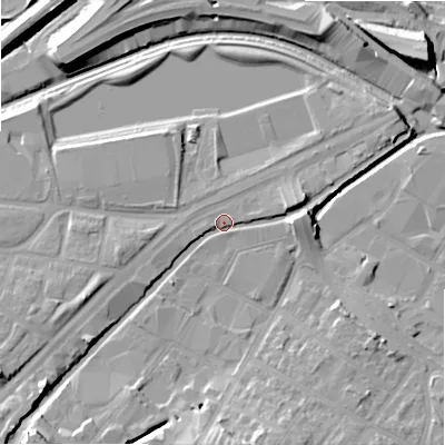 Shaded relief map of the ground around B67SS, computed from Environment Agency LiDAR. The ground here sits at about 93 m above sea level and falls 16 m across the surrounding 800 m. Surface water reaching this point runs off ground lying to the south-west, 9.8 m higher.
