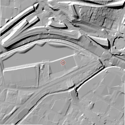 Shaded relief map of the ground around B67TG, computed from Environment Agency LiDAR. The ground here sits at about 92 m above sea level and falls 29 m across the surrounding 800 m. Surface water reaching this point runs off ground lying to the south-west, 2.2 m higher.