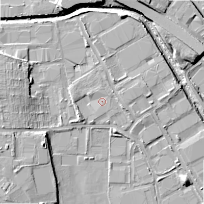 Shaded relief map of the ground around B67UG, computed from Environment Agency LiDAR. The ground here sits at about 96 m above sea level and falls 13 m across the surrounding 800 m. Surface water reaching this point runs off ground lying to the west-south-west, 3.5 m higher.