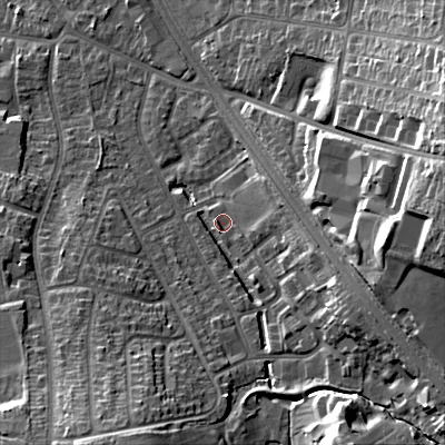Shaded relief map of the ground around B688AB, computed from Environment Agency LiDAR. The ground here sits at about 169 m above sea level and falls 30 m across the surrounding 800 m. Surface water reaching this point runs off ground lying to the east-south-east, 14.0 m higher.