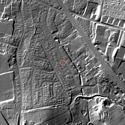 Shaded relief map of the ground around B688AD, computed from Environment Agency LiDAR. The ground here sits at about 170 m above sea level and falls 29 m across the surrounding 800 m. Surface water reaching this point runs off ground lying to the south-south-west, 21.0 m higher.