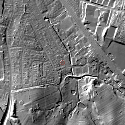 Shaded relief map of the ground around B688AE, computed from Environment Agency LiDAR. The ground here sits at about 172 m above sea level and falls 29 m across the surrounding 800 m. Surface water reaching this point runs off ground lying to the south-west, 17.4 m higher.