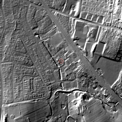 Shaded relief map of the ground around B688AF, computed from Environment Agency LiDAR. The ground here sits at about 171 m above sea level and falls 36 m across the surrounding 800 m. Surface water reaching this point runs off ground lying to the east-south-east, 10.1 m higher.