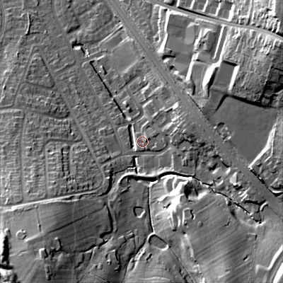 Shaded relief map of the ground around B688AG, computed from Environment Agency LiDAR. The ground here sits at about 172 m above sea level and falls 36 m across the surrounding 800 m. Surface water reaching this point runs off ground lying to the south-west, 22.6 m higher.