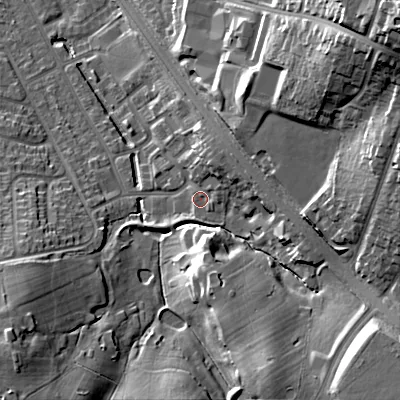 Shaded relief map of the ground around B688AQ, computed from Environment Agency LiDAR. The ground here sits at about 175 m above sea level and falls 39 m across the surrounding 800 m. Surface water reaching this point runs off ground lying to the north-east, 6.9 m higher.