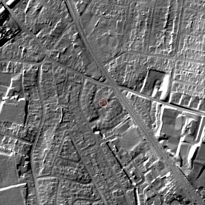 Shaded relief map of the ground around B688BF, computed from Environment Agency LiDAR. The ground here sits at about 168 m above sea level and falls 30 m across the surrounding 800 m. Surface water reaching this point runs off ground lying to the east, 2.3 m higher.