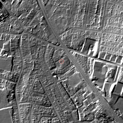 Shaded relief map of the ground around B688BG, computed from Environment Agency LiDAR. The ground here sits at about 168 m above sea level and falls 30 m across the surrounding 800 m. Surface water reaching this point runs off ground lying to the east-north-east, 2.3 m higher.