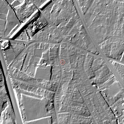 Shaded relief map of the ground around B688BP, computed from Environment Agency LiDAR. The ground here sits at about 165 m above sea level and falls 22 m across the surrounding 800 m. Surface water reaching this point runs off ground lying to the south, 12.3 m higher.