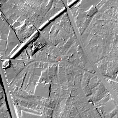 Shaded relief map of the ground around B688LU, computed from Environment Agency LiDAR. The ground here sits at about 164 m above sea level and falls 20 m across the surrounding 800 m. Surface water reaching this point runs off ground lying to the south-east, 11.0 m higher.