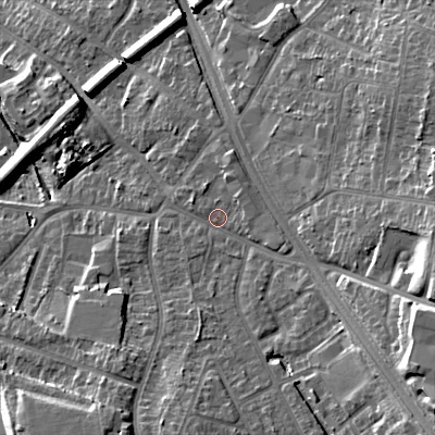 Shaded relief map of the ground around B688LY, computed from Environment Agency LiDAR. The ground here sits at about 165 m above sea level and falls 27 m across the surrounding 800 m. Surface water reaching this point runs off ground lying to the south-east, 10.9 m higher.